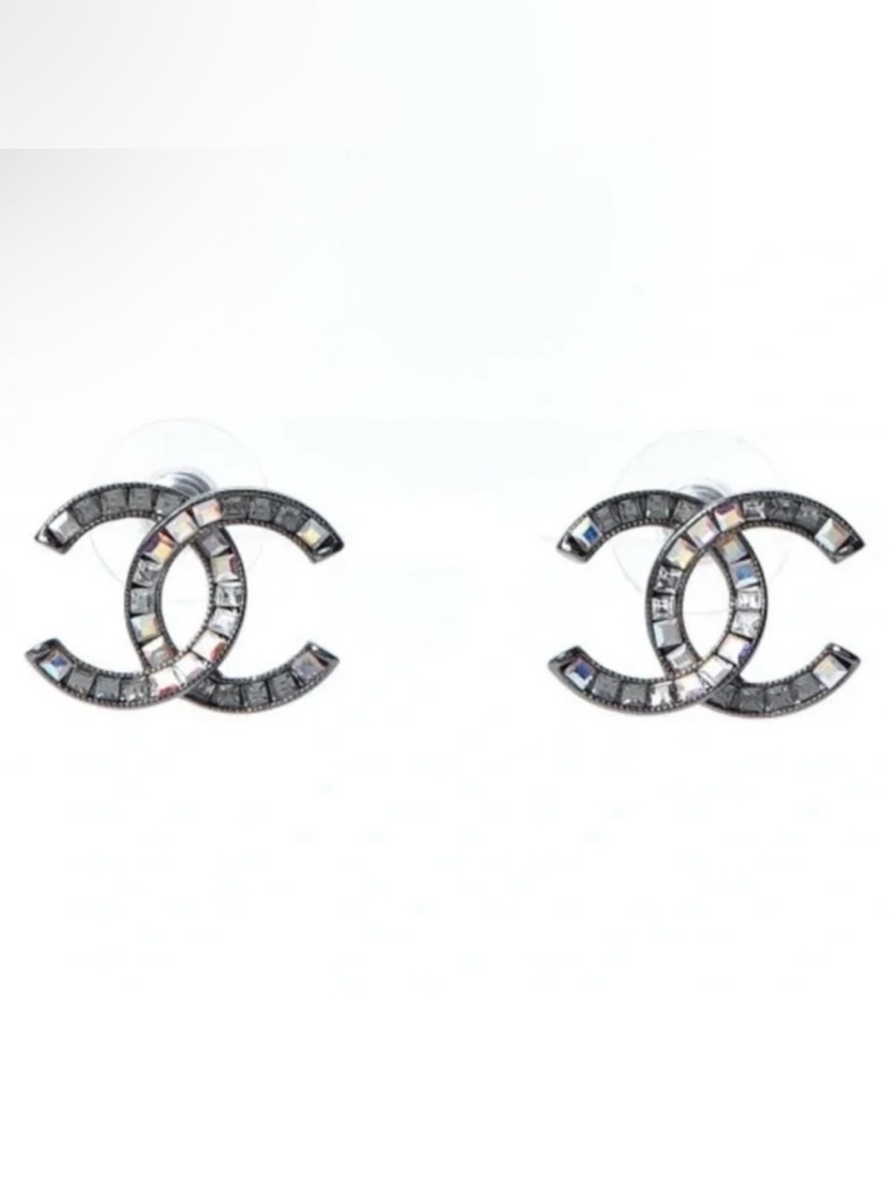 CHANEL Ruthenium Crystal Baguette CC Stud Earrings